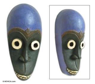 BLUE CROWN~Gabon Woodcarving WALL Art~African FOLK MASK  