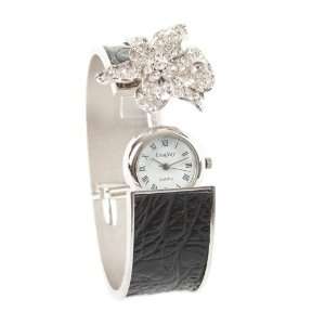   Ladies Swarovski Stone Rose Bracelet Black Strap Watch