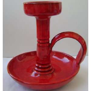  Red Ceramic Chamberstick Candlestick Holder   7 inches 