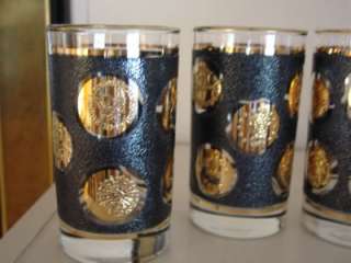 Libby Gold Coin Glasses Black Enamel Hiball Tumblers  