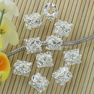 20pc Clear Crystal Carved Flower Column European Beads Silver Plated 