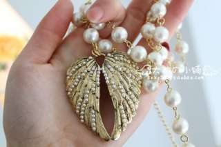 HOT Vintage Retro Style Angel Wings Imitation Pearl Long Necklace 