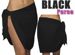 Black Short Sheer Pareo Sarong CoverUp Beachwear Swimwear BikiniWrap 