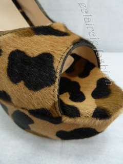 PRADA Leopard Print Calf Hair Peep Toe Platform Heels Sandals Shoes 10 