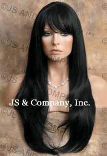 HUMAN HAIR Blend Long Straight Black wig Flat Iron  