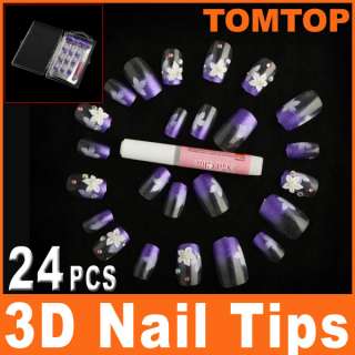 24 PCS 3D Nail Tips Pre Design Airbrush False Finger Nails Art Suit 