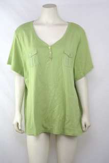 Karen Scott NEW Plus Sz 3X/22W/24W 100% Cotton Green Knit Henley Top 