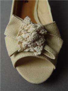 Crochet Bow Peep Toe Sandal Sliver Wedge Shoe sz 9  