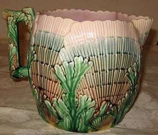 ANTIQUE ETRUSCAN MAJOLICA SHELL & SEAWEED CIDER PITCHER  