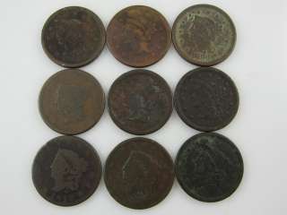 9pc Lot Large Cents   Low Grade   Mixed Dates *No Res*  