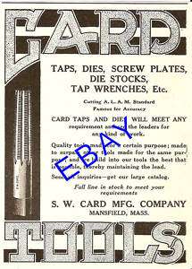 OLD 1911 CARD TOOL TAP DIE SCREW PLATE AD MANSFIELD MA  