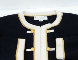 ST JOHN KNITS NAVY JACKET WITH GOLD AND IVORY TRIM SIZE 12  