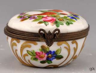 Hand Painted Floral Bird Porcelain Dresser Box Gilt  