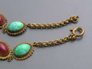 Vintage Art Deco Peking Carnelian Glass Czech Enamel Brass Necklace 