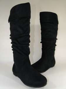 New Black Fold Flat Slouchy Knee High Boots Sz 8.5 #L16  