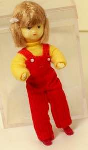 DOLLHOUSE MINIATURE LITTLE GIRL IN RED OVERALLS  