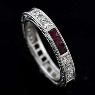Vintage Style Engraved Diamond Ruby Eternity Band Ring  