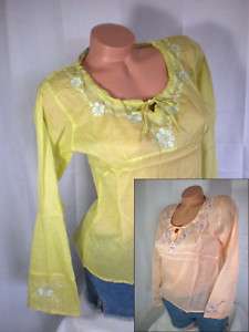 Green Pink embroidered light cotton shirt top blouse M  