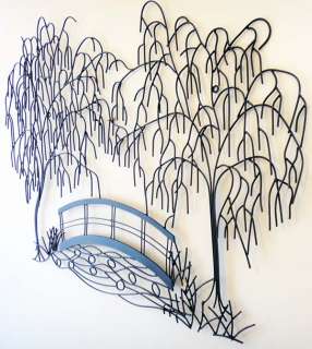 New Metal Wall Art   Weeping Willow Tree Bridge Scene  