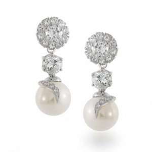 Bling Jewelry Sterling Silver CZ 10MM Pearl Bridal Drop Earrings