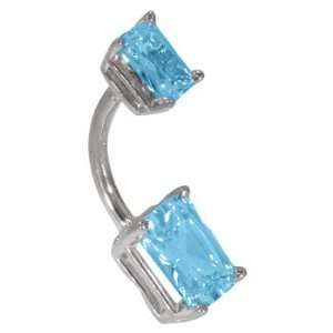   Emerald Cut Blue Zircon Solid 14K White Gold Belly Ring   (December