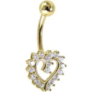   Solid 14kt Yellow Gold Cubic Zirconia Hollow Heart Belly Ring Jewelry
