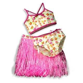   Girls 3 Piece Swimwear Set, Bikini and Hula Skirt, Pink, White 11080