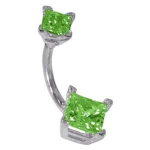 14G 3/8   Double Princess Cut Emerald Solid 14K White Gold Belly Ring 