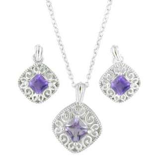 Sterling Silver Square Amethyst Filigree Necklace And Earring Set 