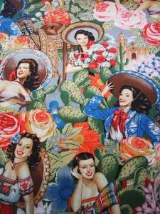 Alexander Henry Las Senoritas Pin Up Mexican Women Retro Fabric Yard 