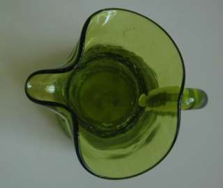 Vintage Blenko Green Crackle Glass Pitcher Ruffle Top  