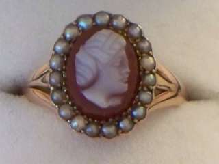 ANTIQUE CHESTER 9CT ROSE GOLD HARD STONE CAMEO PEARL LADIES RING 