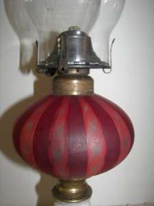 ANTIQUE KEROSENE OIL RED RIBBON LAMP WHITE MARBLE BASE  
