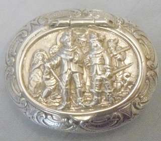 ANTIQUE STERLING OVOID TABLE SNUFF BOX REPOUSSE MILITARY SCENE 