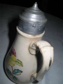 ANTIQUE ART POTTERY STONEWARE SYRUP PITCHER PEWTER  
