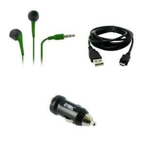 5mm Stereo Earbud Headphones (Neon Green) + USB Car Charger Adapter 