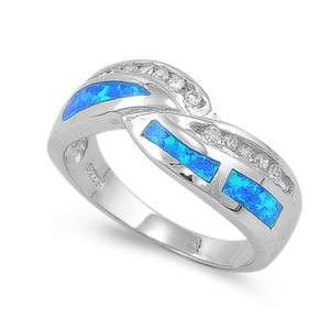 Blue Opal CZ Silver Band Ring  