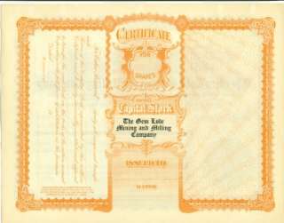 Gem Lode Mining Milling Co. Colorado Stock Certificate  