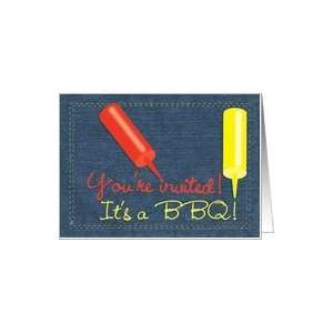  BBQ, Barbecue Invitation, Denim Ketchup Mustard Card 