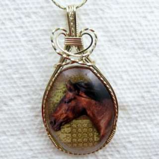 Brown Horse Glass Cameo Pendant 14K Rolled Gold Jewelry  