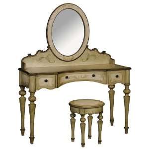    French Parchment and Sage Vanity with Stool
