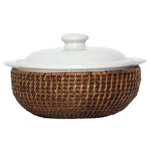  Basket with White Ceramic Bean Pot 9 1/2D x 4 1/4H