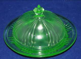 Depression Glass Vaseline Green Round Butter Dish  