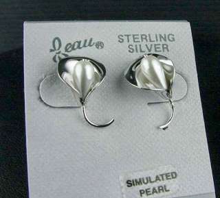   Sterling Silver Hallmarked .925 Calla Lily Faux Pearl Earrings  