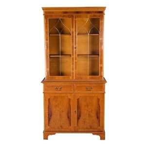   Antique Yew Wood Bookcase with Etched Glass Doors Furniture & Decor