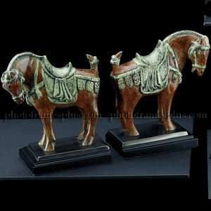  Tang Horse Marblized Brass Patina Bookends on Solid Wood 