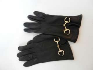 Gucci Black Leather Gloves w/Gold Horse Bit Detail Sz 7  