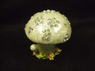 Mushroom Bejeweled Trinket Box Hinged Gift Pearl Grey Gray Desk 