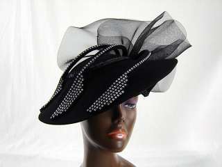 Exq Black Rhinestone Sculptured Church Derby Hat  