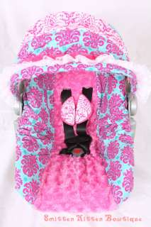 Boutique Infant Carseat Canopy Pink and Turqoise Damask Cover  
